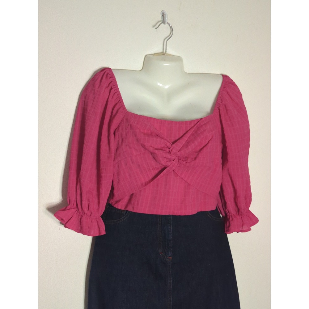 Womens Twist Front Puff Sleeve Smocked Crop Top Pink Cottagecore Coquette Medium